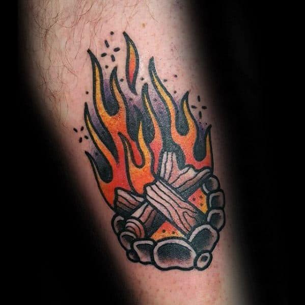 camping-log-fire-traditional-inner-forearm-male-tattoo-designs