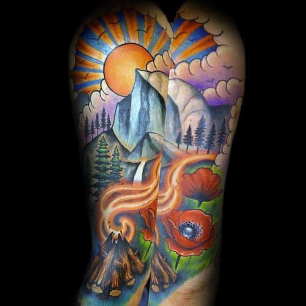 full-back-colorful-camping-mens-tattoo-ideas