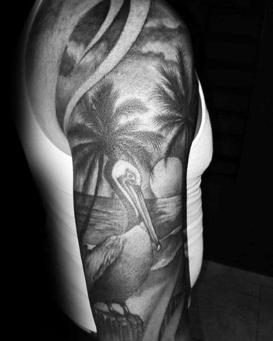 gentleman-with-shaded-black-and-grey-ink-half-sleeve-pelican-tattoo