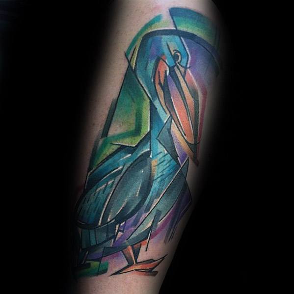geometric-forearm-colorful-male-pelican-tattoo-design-inspiration