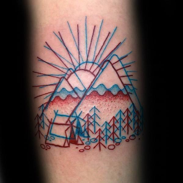 guys-camping-3d-red-and-blue-ink-forearm-tattoo