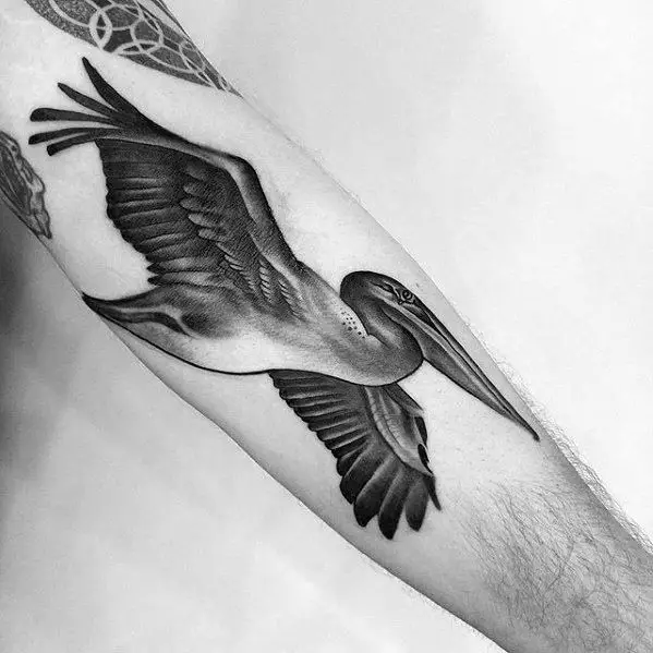 guys-realistic-3d-shaded-pelican-tattoos-inner-forearm