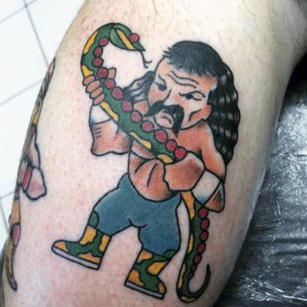 leg-calf-old-school-traditional-male-wrestling-snake-tattoo-ideas