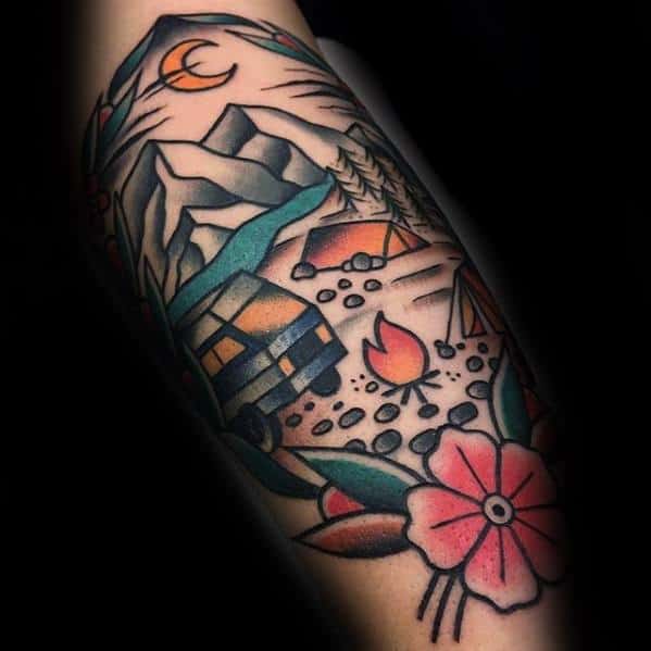 male-forearm-tattoo-with-camping-design
