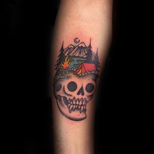 mens-camping-tattoo-design-inspiration-on-forearm-with-skull