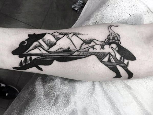 mens-forearm-tattoo-ideas-with-wolf-outline-camping-design