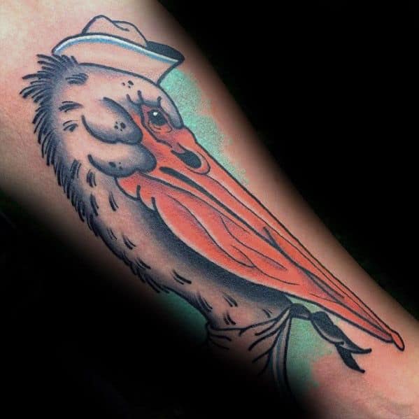 mens-inner-forearm-tattoo-with-pelican-sailor-hat-design