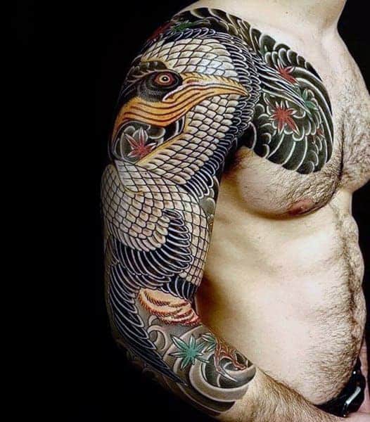 mens-pelican-tattoo-design-inspiration-japanese-full-arm-sleeve