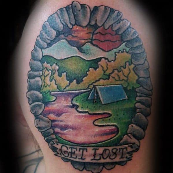 upper-arm-get-lost-banner-mens-tattoo-with-camping-design