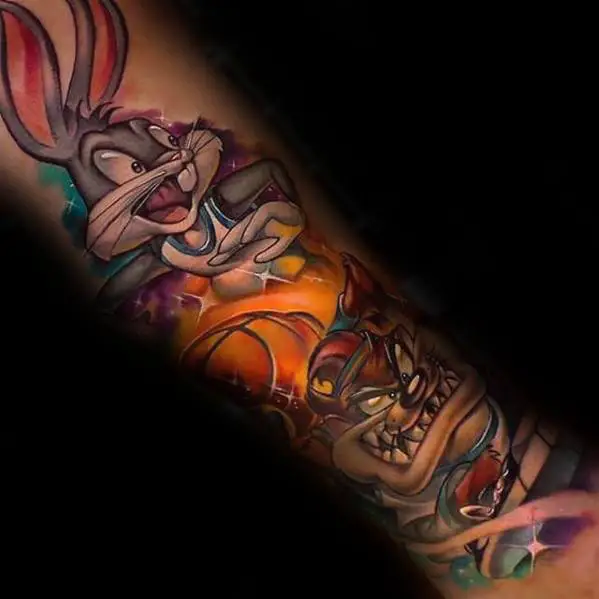 amazing-mens-looney-tunes-themed-forearm-sleeve-tattoo-designs