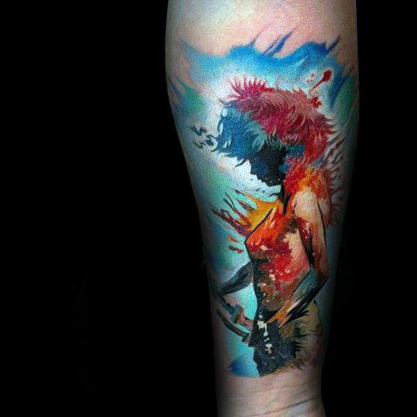 artistic-male-anime-watercolor-forearm-sleeve-tattoo-ideas