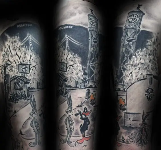 awesome-looney-tunes-tattoos-for-men-shaded-black-and-grey-sleeve