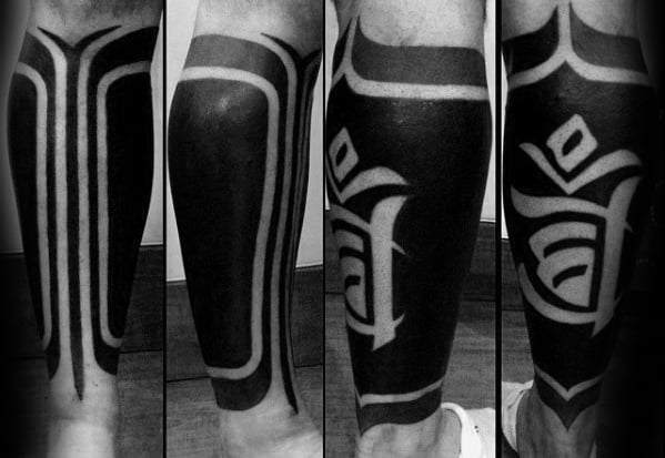 blackwork-negative-space-leg-sleeve-artistic-male-sanskrit-tattoo-ideas