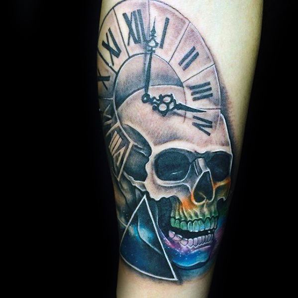 mens-pink-floyd-tattoos-skull-with-roman-numeral-clock-on-arm