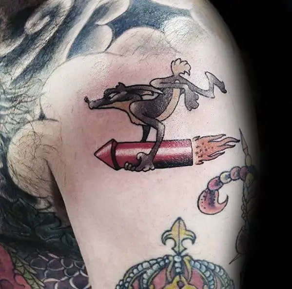 small-wile-e-coyote-on-rocket-upper-arm-looney-tunes-tattoos-for-males