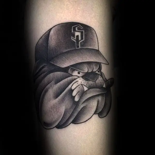 bulldog-with-hat-mens-shaded-black-and-grey-ink-forearm-tattoo