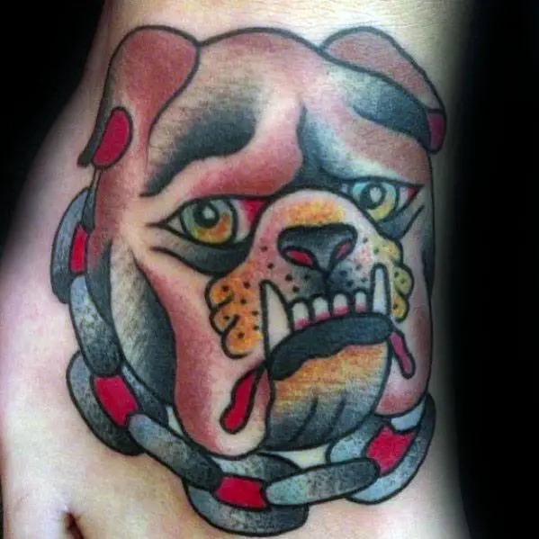 cool-traditional-bulldog-head-chain-mens-foot-tattoo-ideas