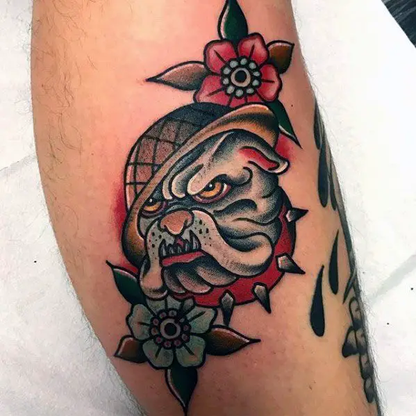flowers-with-bulldog-masculine-guys-leg-tattoos