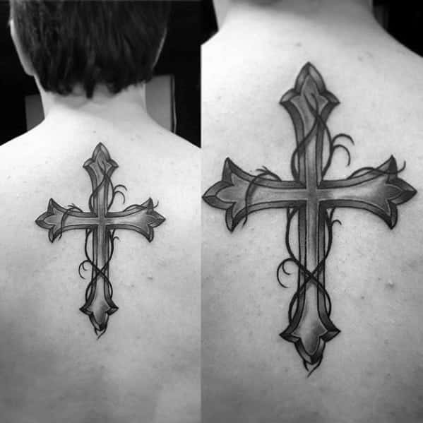 guys-shaded-black-and-grey-small-religious-cross-back-tattoo