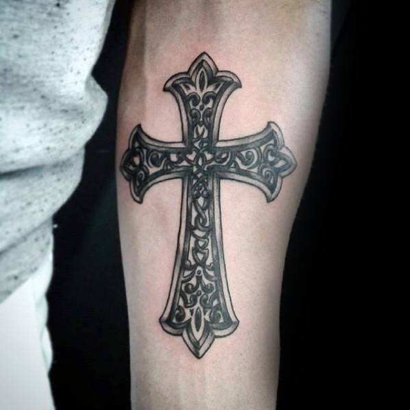masculine-small-religious-corss-guys-inner-forearm-tattoo