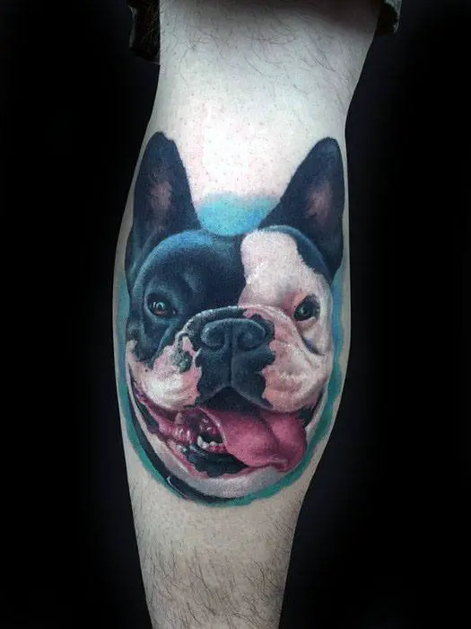 mens-leg-calf-french-bulldog-realistic-3d-tattoo-design-ideas