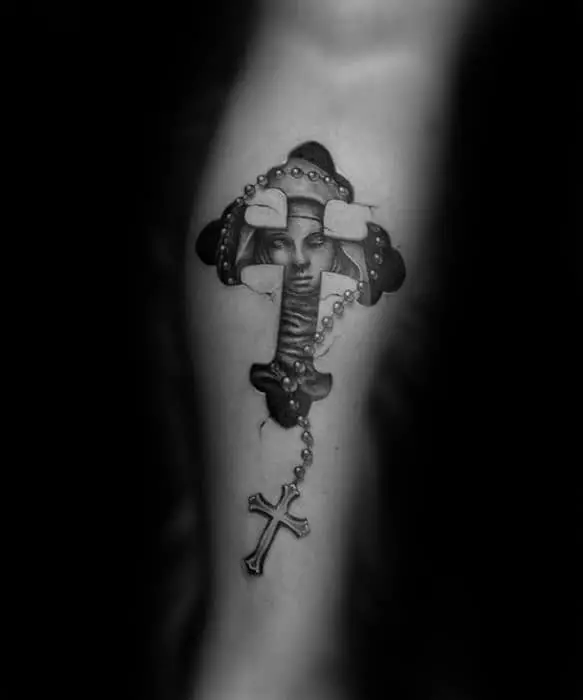 mens-virgin-mary-cross-with-rosary-small-religious-leg-tattoo-ideas