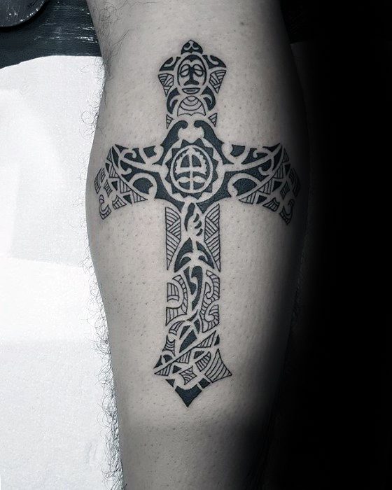 tribal-small-religious-back-of-leg-cross-tattoos-for-men