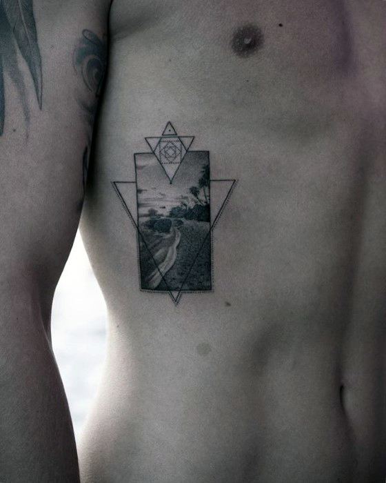 geometric-realistic-small-beach-mens-rib-cage-side-tattoos