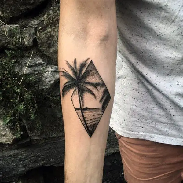 guys-small-palm-tree-with-beach-inner-forearm-tattoo-designs