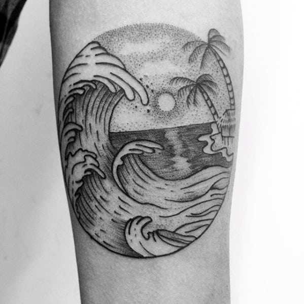 palm-trees-with-wave-mens-small-beach-tattoo-on-inner-forearm