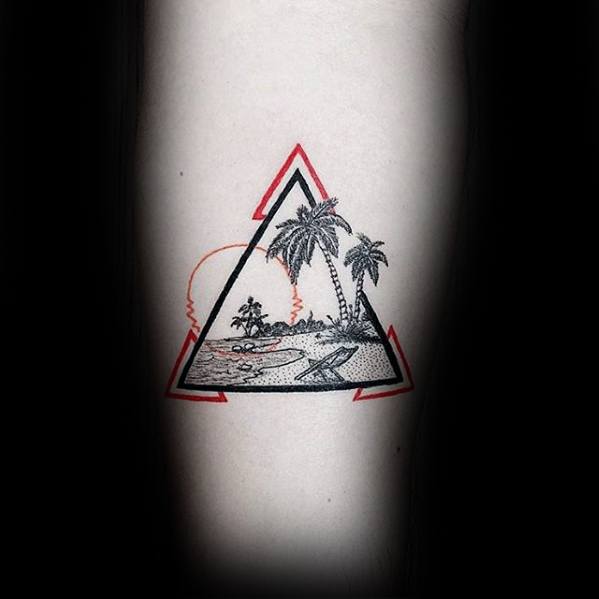 red-and-black-ink-triangle-mens-beach-forearm-tattoo