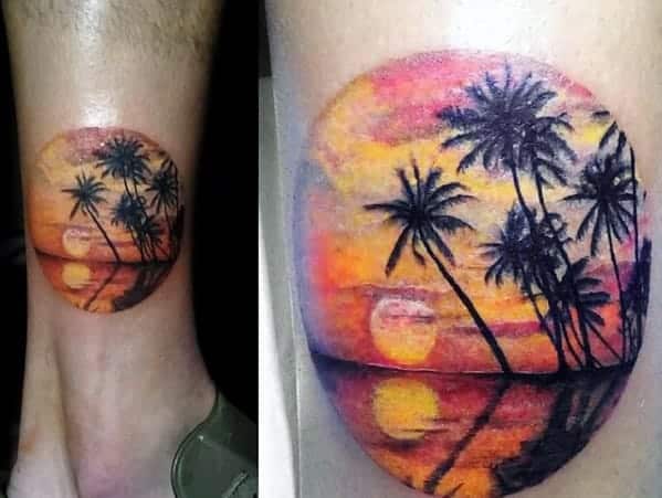 small-beach-sunset-with-palm-trees-mens-lower-leg-tattoo