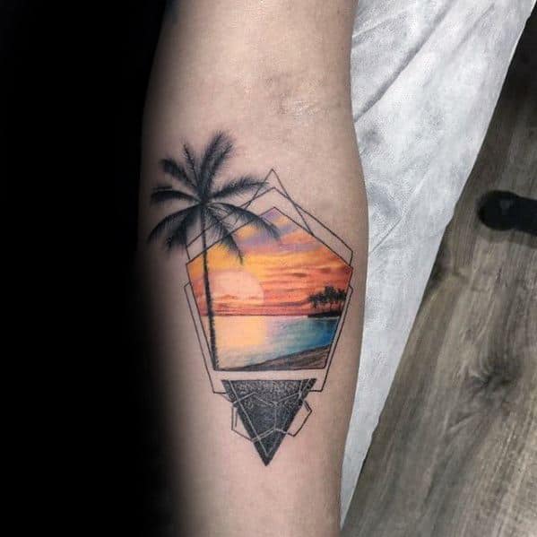 sunset-with-beach-mens-geometric-tattoo-on-inner-forearm