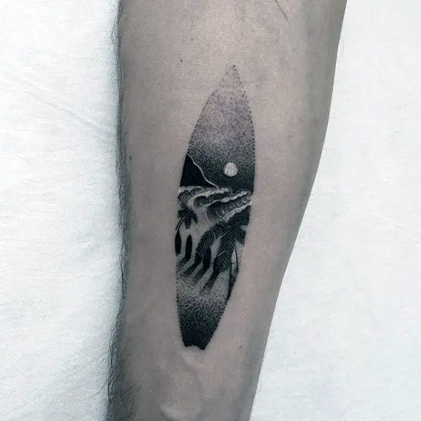 surfboard-mens-detailed-dotwork-beach-forearm-tattoo