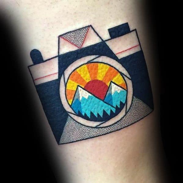 camera-with-rising-sun-small-colorful-arm-tattoo