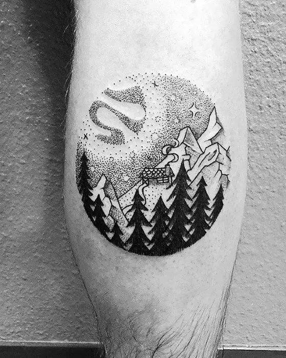 cabin-in-the-mountains-small-nature-mens-leg-calf-tattoo-ideas