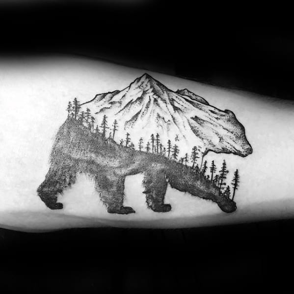 bear-with-mountains-and-trees-small-mens-arm-tattoo-ideas