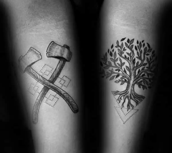 cool-mens-axe-with-geometric-tree-small-inner-forearm-tattoos