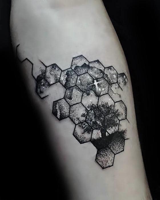 hexagon-geometric-small-tree-with-night-sky-mens-inner-forearm-tattoo