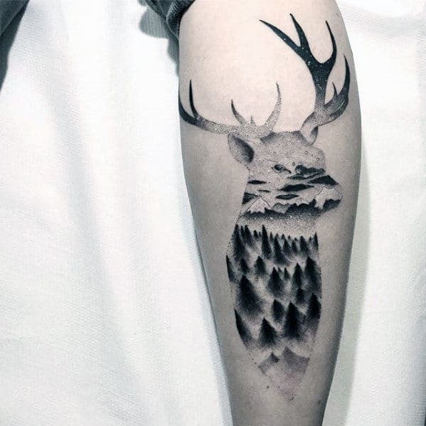 mens-back-of-leg-small-deer-head-tree-forest-tattoo-design