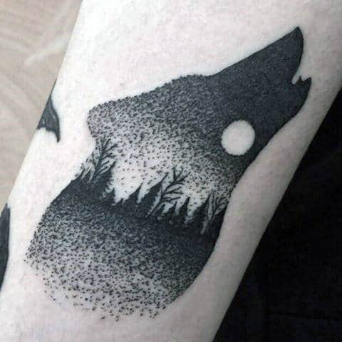 wolf-howling-with-moon-and-trees-mens-dotwork-small-inner-forearm-tattoo