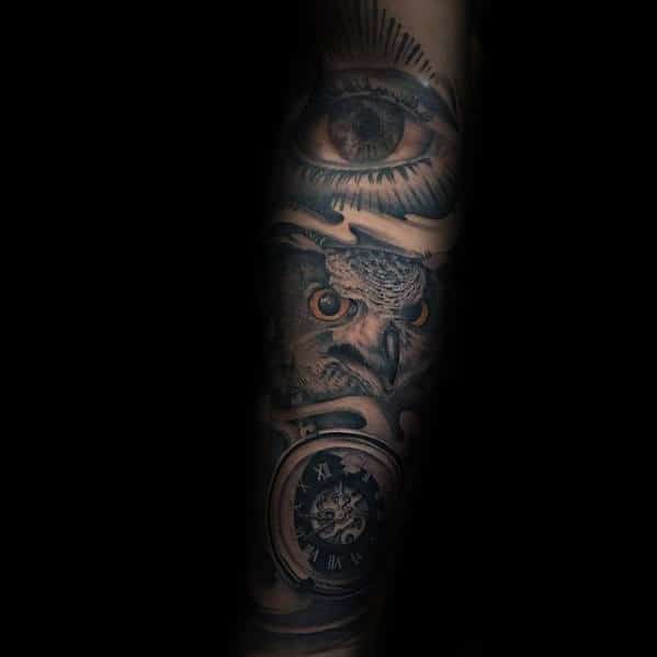 all-seeing-eye-with-owl-and-pocket-watch-mens-inner-forearm-sleeve-tattoos