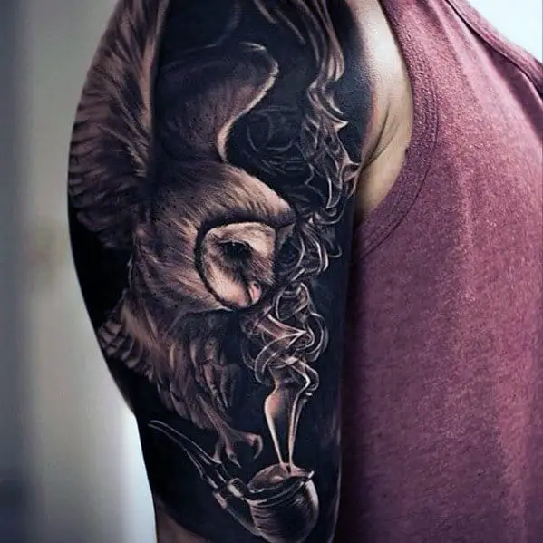 amazing-3d-owl-with-smoking-pipe-half-sleeve-dark-black-ink-tattoos