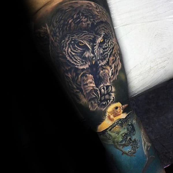 amazing-owl-with-yellow-chick-in-water-mens-realistic-3d-sleeve-tattoo-designs