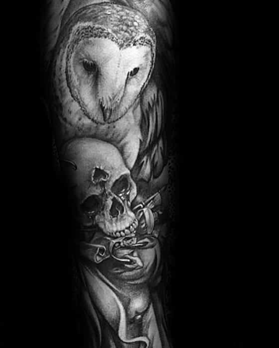 barn-owl-with-skull-guys-heavily-shaded-sleeve-tattoos