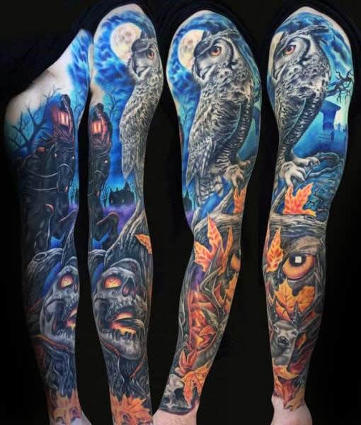 blue-and-orange-ink-owl-night-sky-themed-full-arm-sleeve-tattoos-for-men