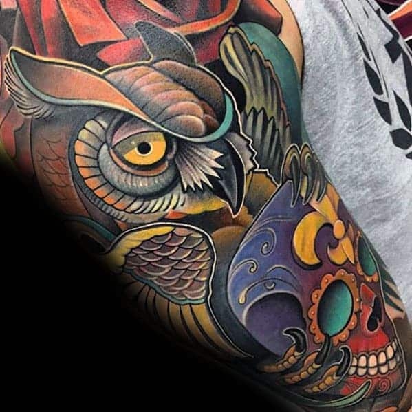 colorful-day-of-the-dead-guys-modern-owl-sleeve-tattoos