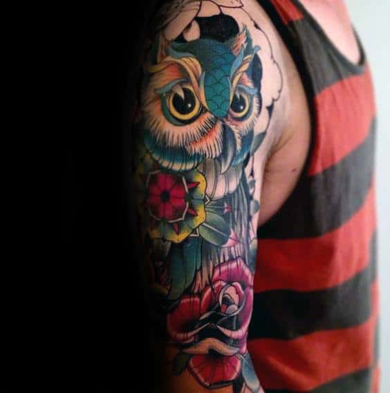 colorful-mens-old-school-traditional-owl-rose-flower-sleeve-tattoos