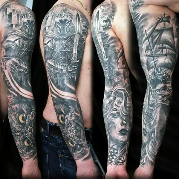 cool-owl-sailing-ship-shaded-male-sleeve-tattoos