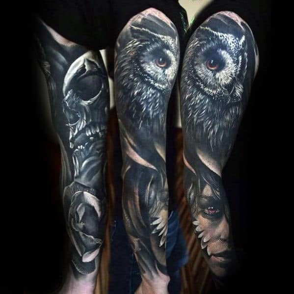 female-portrait-with-skull-and-owl-guys-sleeve-tattoo-designs